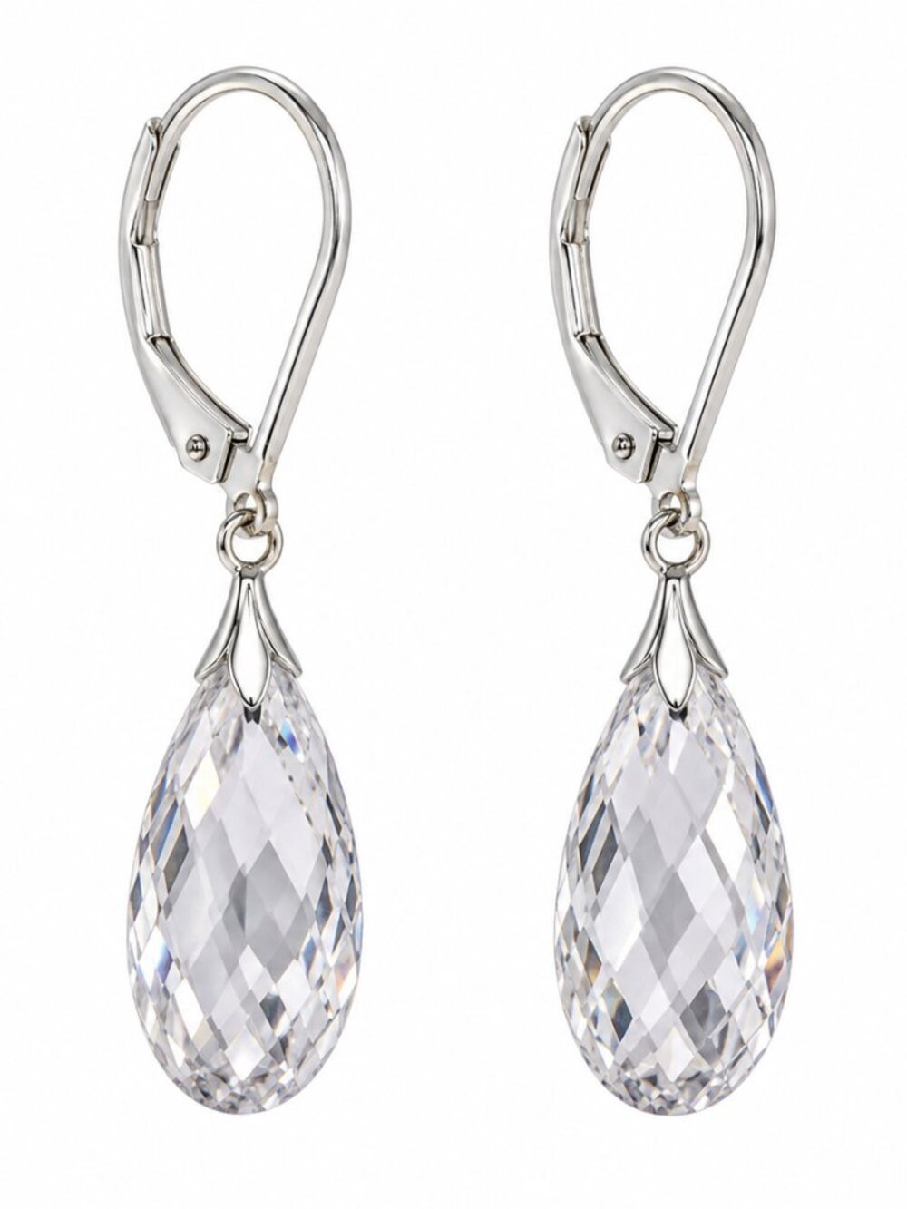 Sterling Silver Faceted Crystal Teardrop Leverback Earrings 1 3/8"